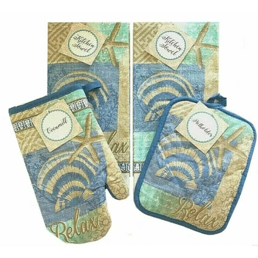 Shells Starfish Kitchen Dish Towels Oven Mitt Potholder Set of 4 Beach Summer